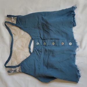 Hello Miss Blue Linen Crop Top with Lace Back